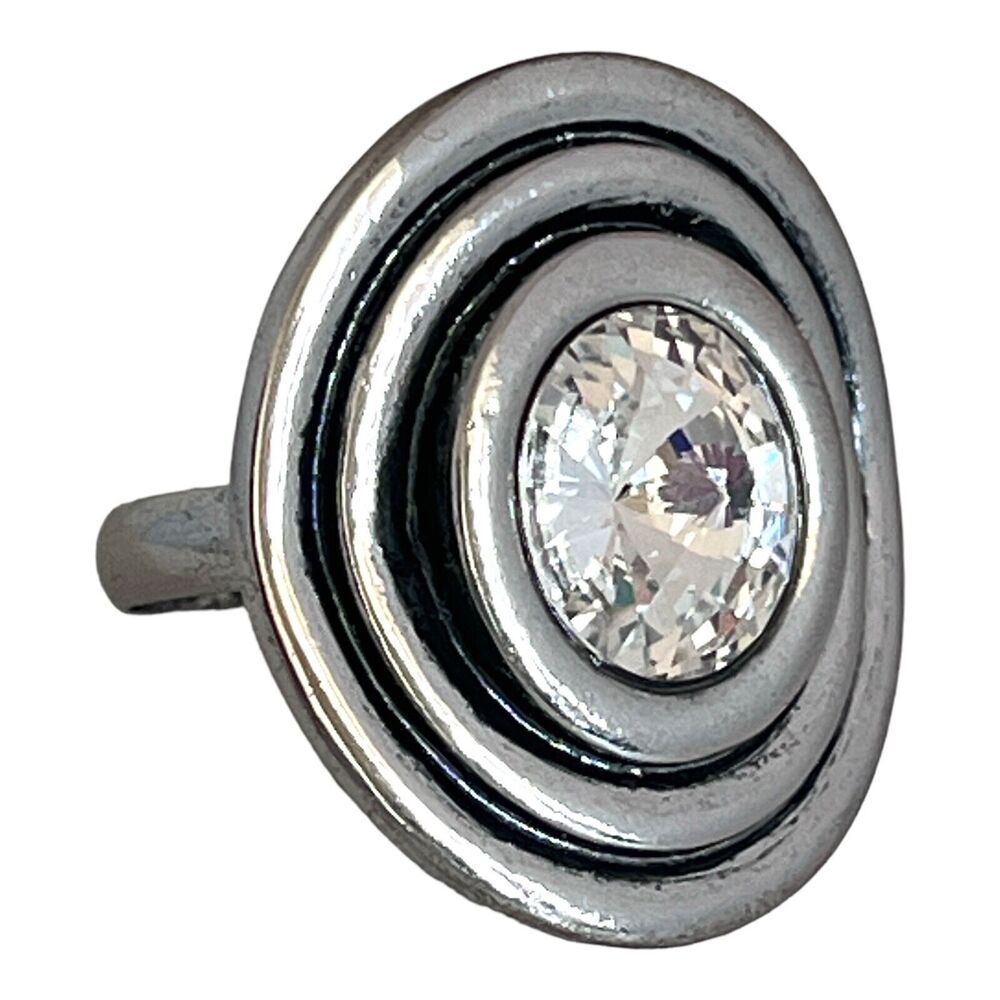 New Rivoli Crystal Statement Ring Size 10 Black Enamel Silver Tone - 5Z